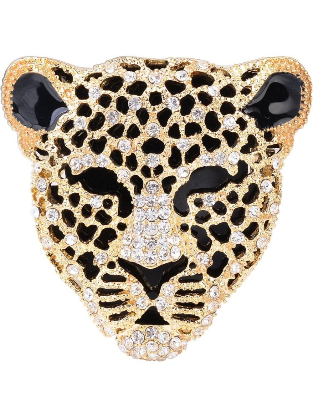 Vintage Black Enamel Leopard Head Brooch with Rhinestones | Animal Pin Badge
